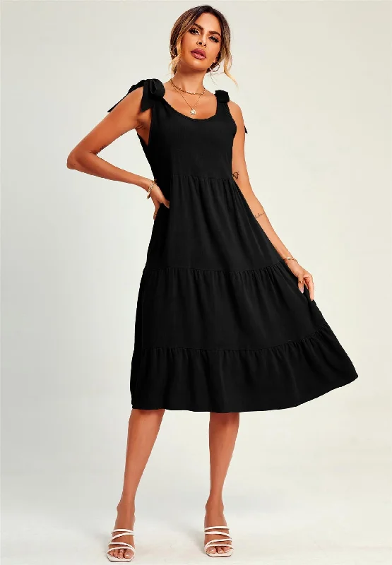 Unmissable Offers Await!Relaxed Linen Self Tie Shoulder Tiered Midi Dress In Black