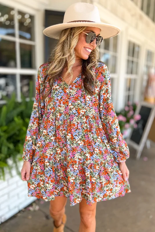Amazing Prices You Can’t Resist!Rust Floral Neck Tie Long Sleeve Dress