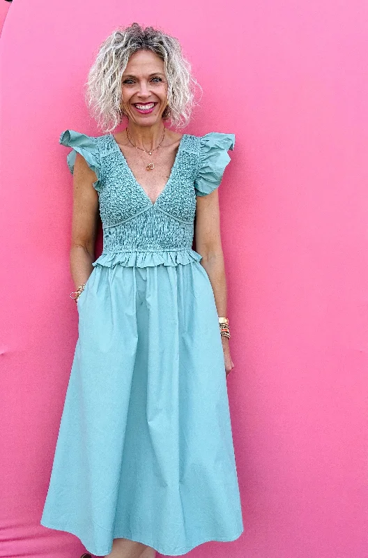 Bigger Savings, Better Shopping!Sea Smocked Flutter Sleeve Midi