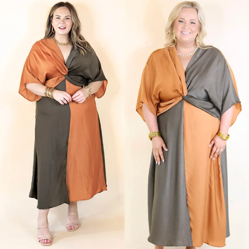 Hurry, Sale Ends Soon!Take My Breath Away Front Knot Color Block Midi Dress in Bronze Mix