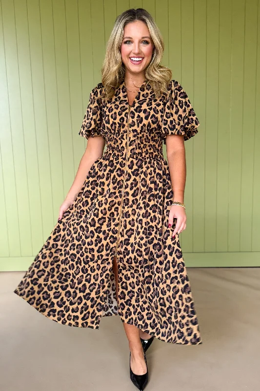 Buy More, Save More!Tan Animal Print V Neck Front Zip Detail Short Puff Sleeve Dress