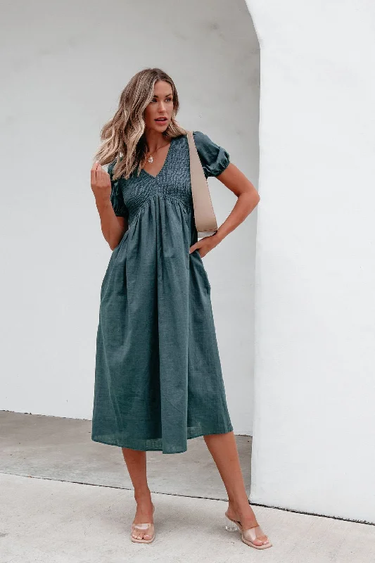 Save Money, Shop Happy!Teal Puff Sleeve Textured Midi Dress