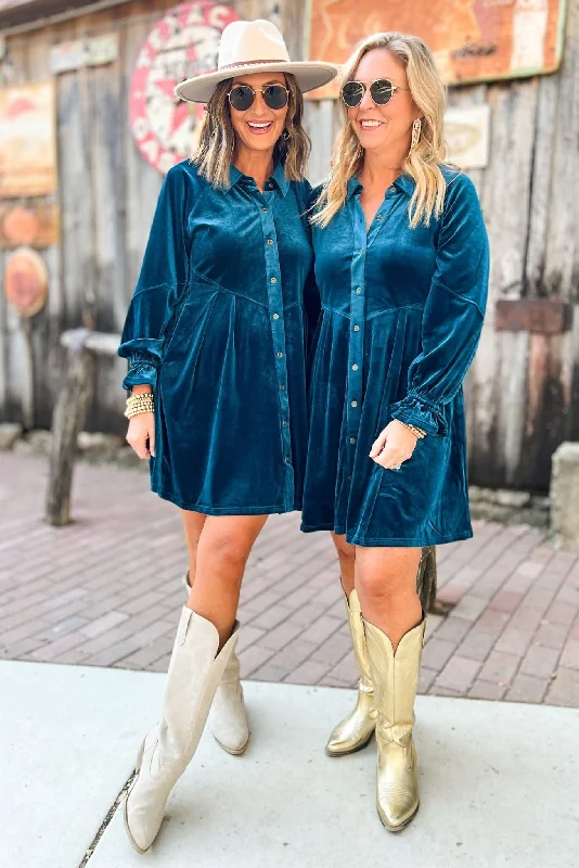 Steals and Deals Await!Teal Velvet Collared Button Down Hi Low Hem Babydoll Dress