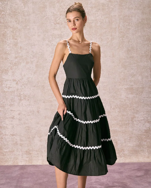 Mega Sale Happening Now!The Black Contrast Wave Cut Strap Midi Dress
