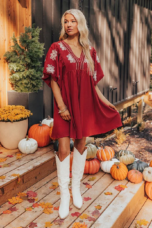 Special Offer – Act Fast!Tucson Sunsets Embroidered Mini Dress in Dark Scarlet