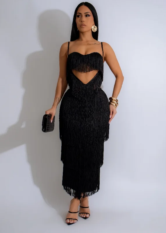 Steals and Deals Await!Twilight Tango Fringes Midi Dress Black