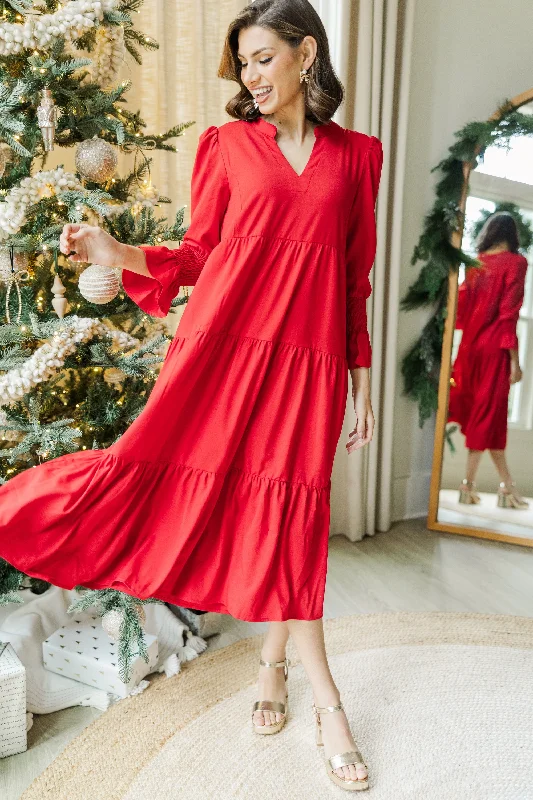 Huge Savings – Act Now!What A Surprise Red Ruffled Midi Dress