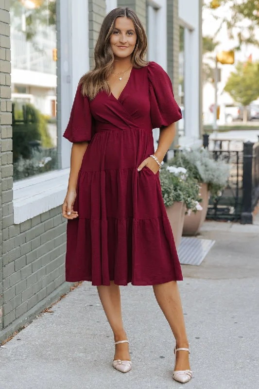 Limited Stock Available!Wine Tiered Midi Wrap Dress
