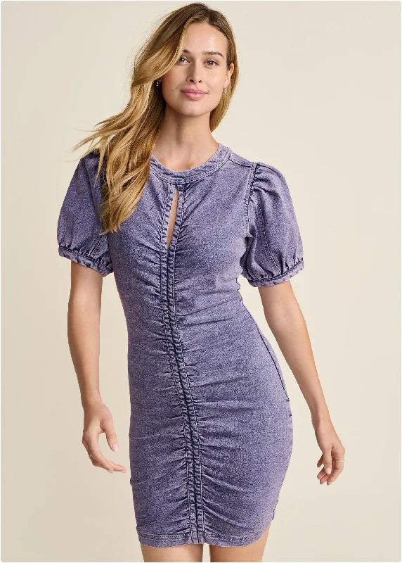 Great Deals, Just for You!Puff Sleeve Denim Dress  - Lavender